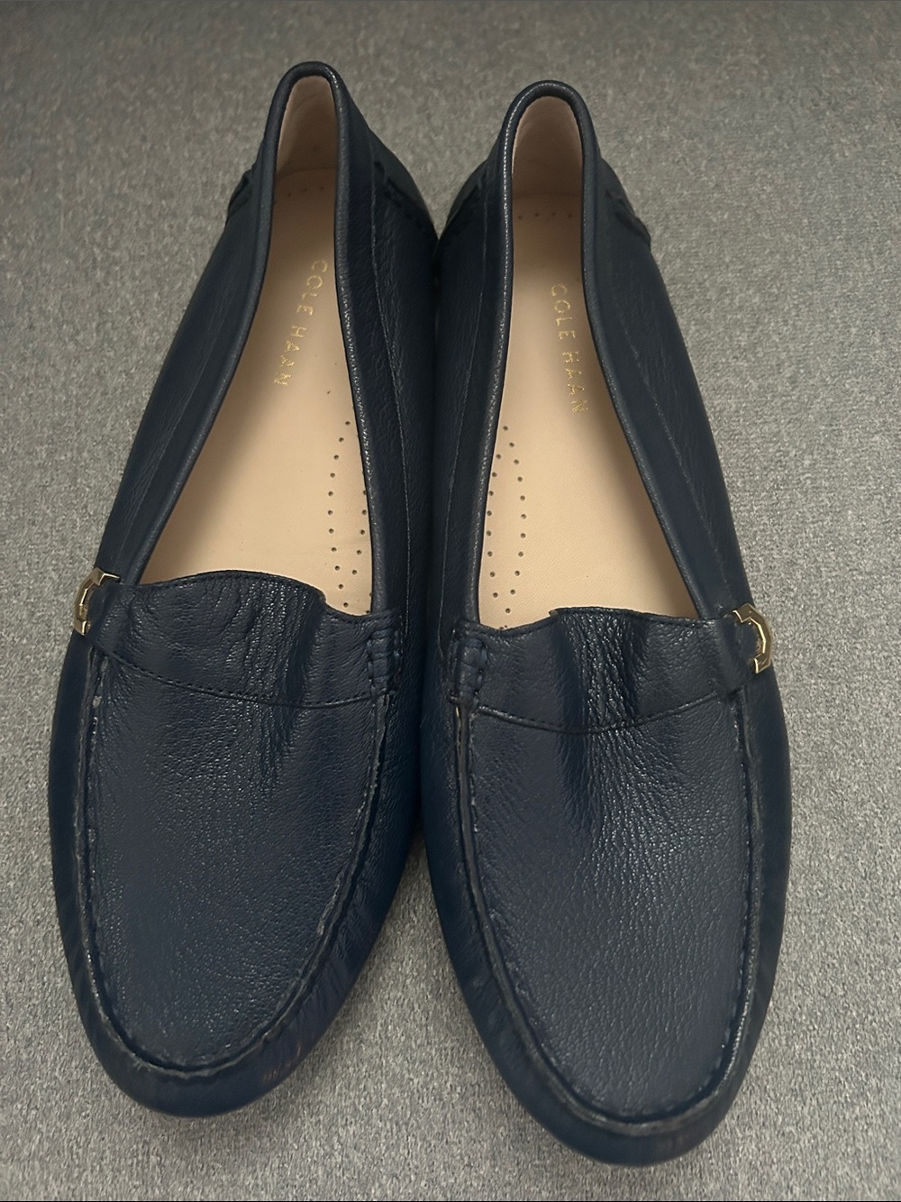Cole Haan Navy Leather Driving Loafers with Gold Accent